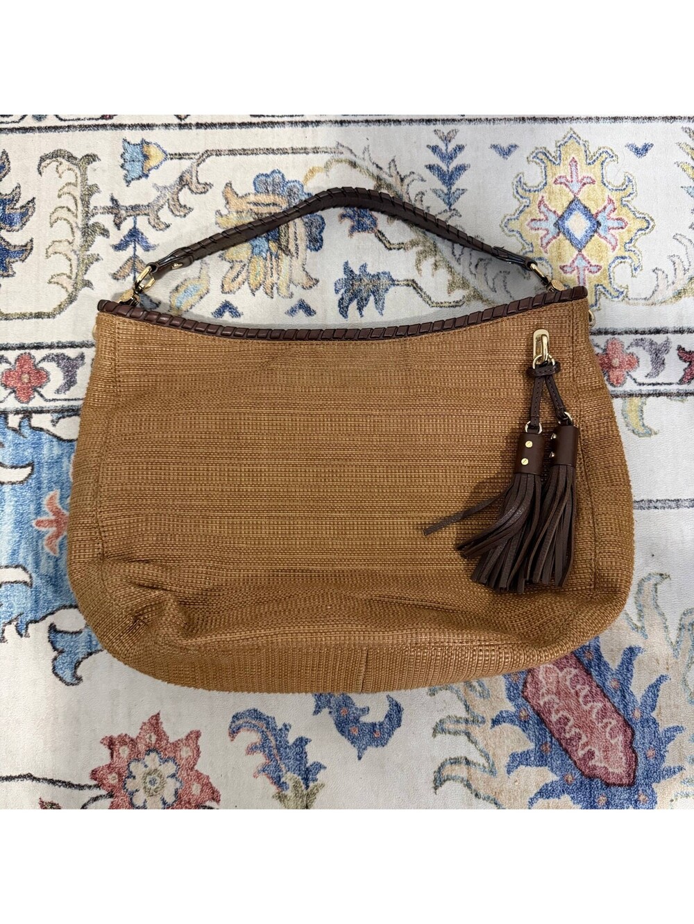 Michael Kors Bennet Large Straw Hobo Bag Brown Leather Tassel Shoulder Purse